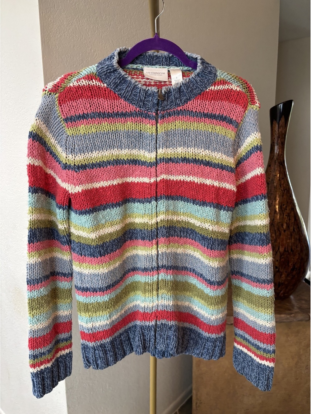 Vintage Liz Claiborne Chunky Pastel Lizwear Striped Zip Cardigan Small